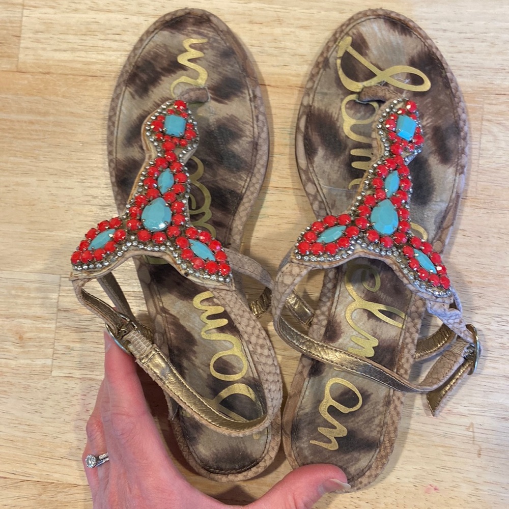 Sam Edelman 6.5 Coral And Aqua Jeweled Sandals